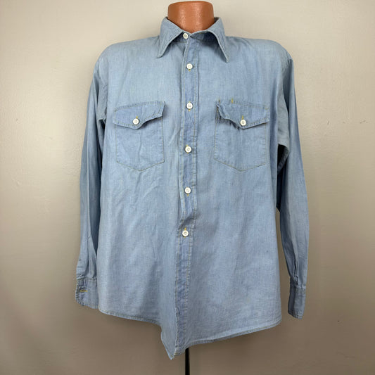 1970s Chambray Shirt with Embroidery, Gaddi Size XL, M.D. Stands for Monkey Doctor