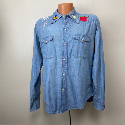 1970s Chambray Western Shirt with Hand Stitched Embroidery, Western Sportswear, Size XL