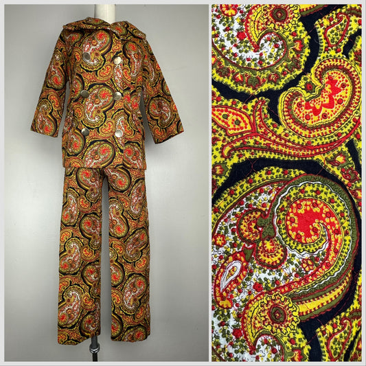 1960s Quilted Paisley Pant Suit by Raymodes, Size XS
