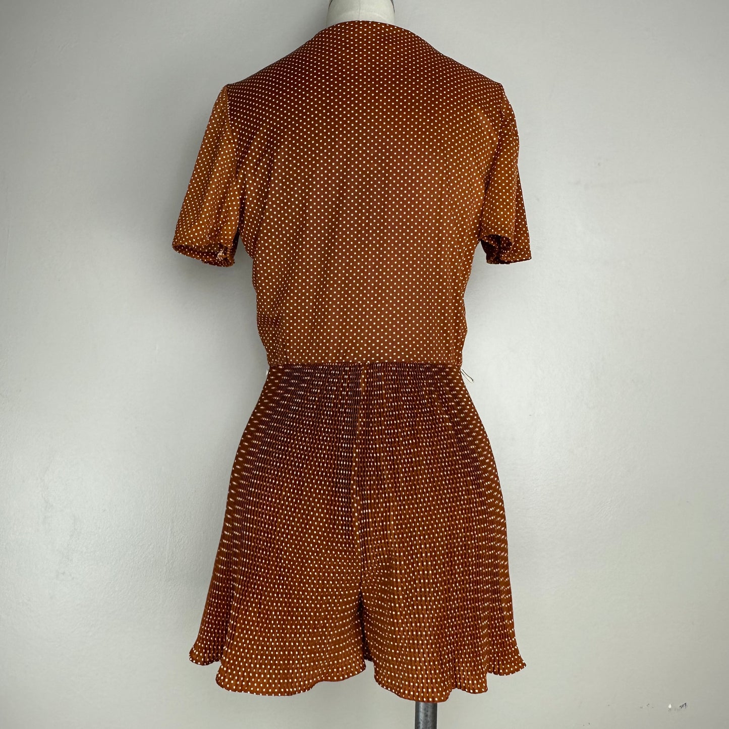 1970s Brown Polka Dot Zip Front Romper, Size Small-Medium, Accordion Pleats