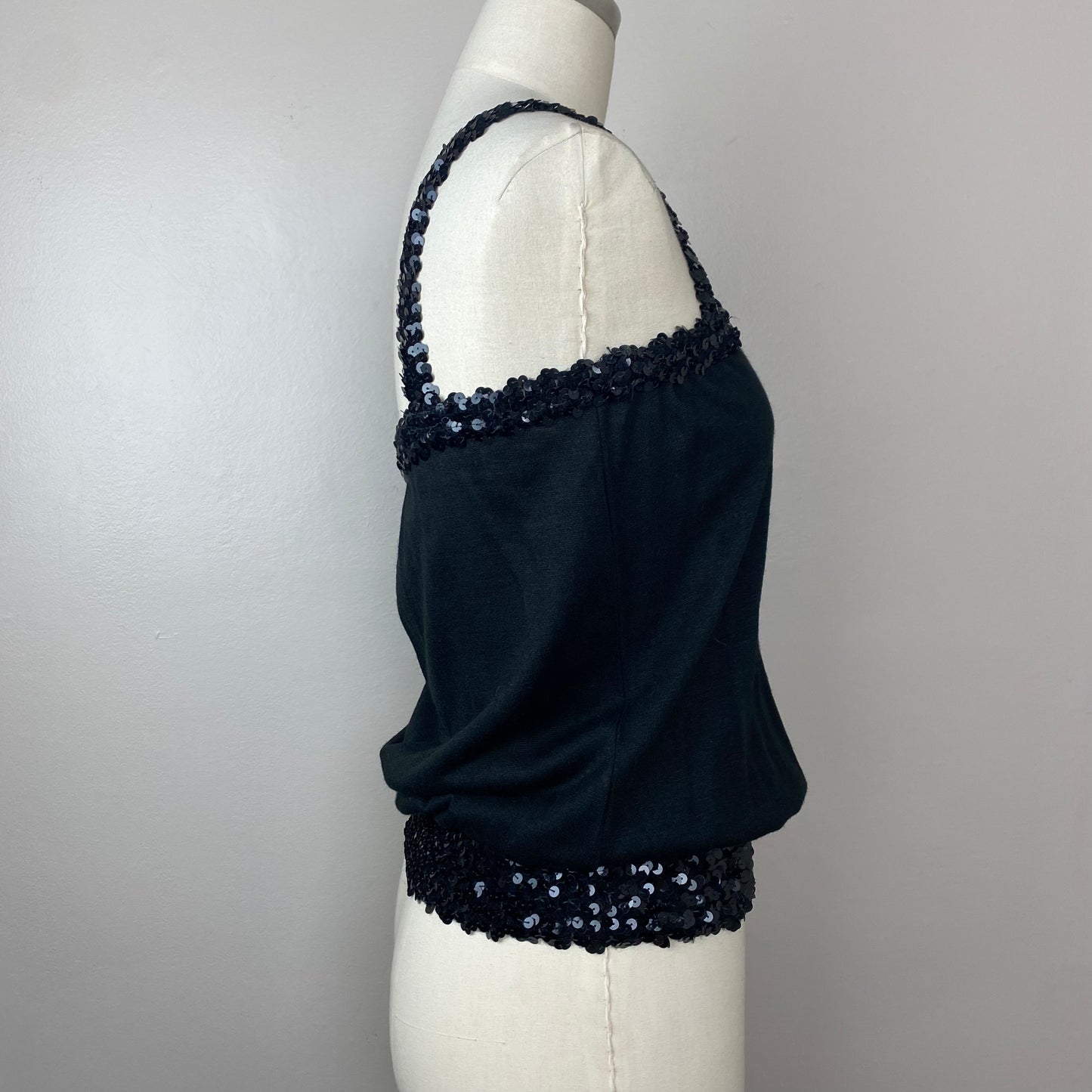 1970s Black Tank Top with Sequin Straps and Waistband, Toppettes Size S-L