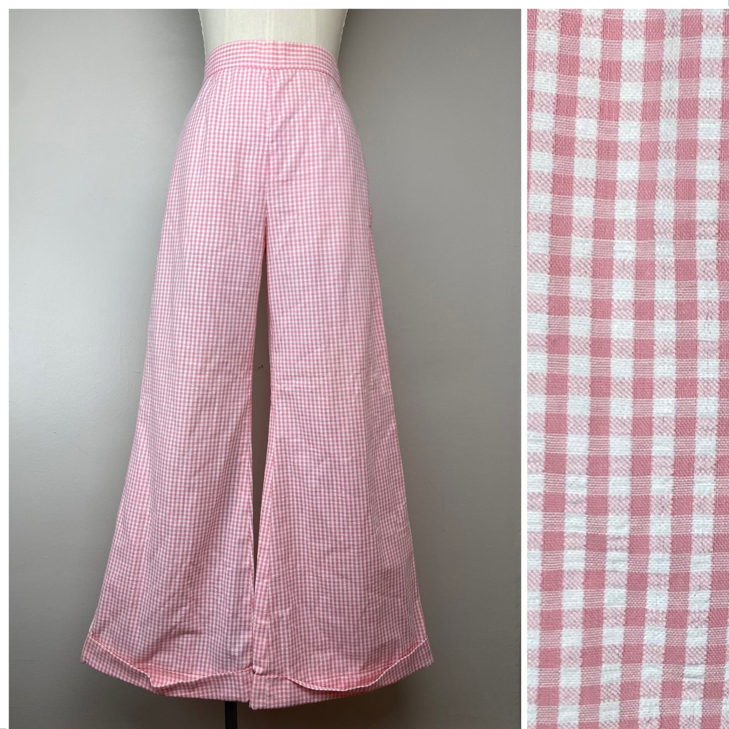 1970s Pink Gingham Seersucker Side Zip Bell Bottom Pants, 29"x 28.5"