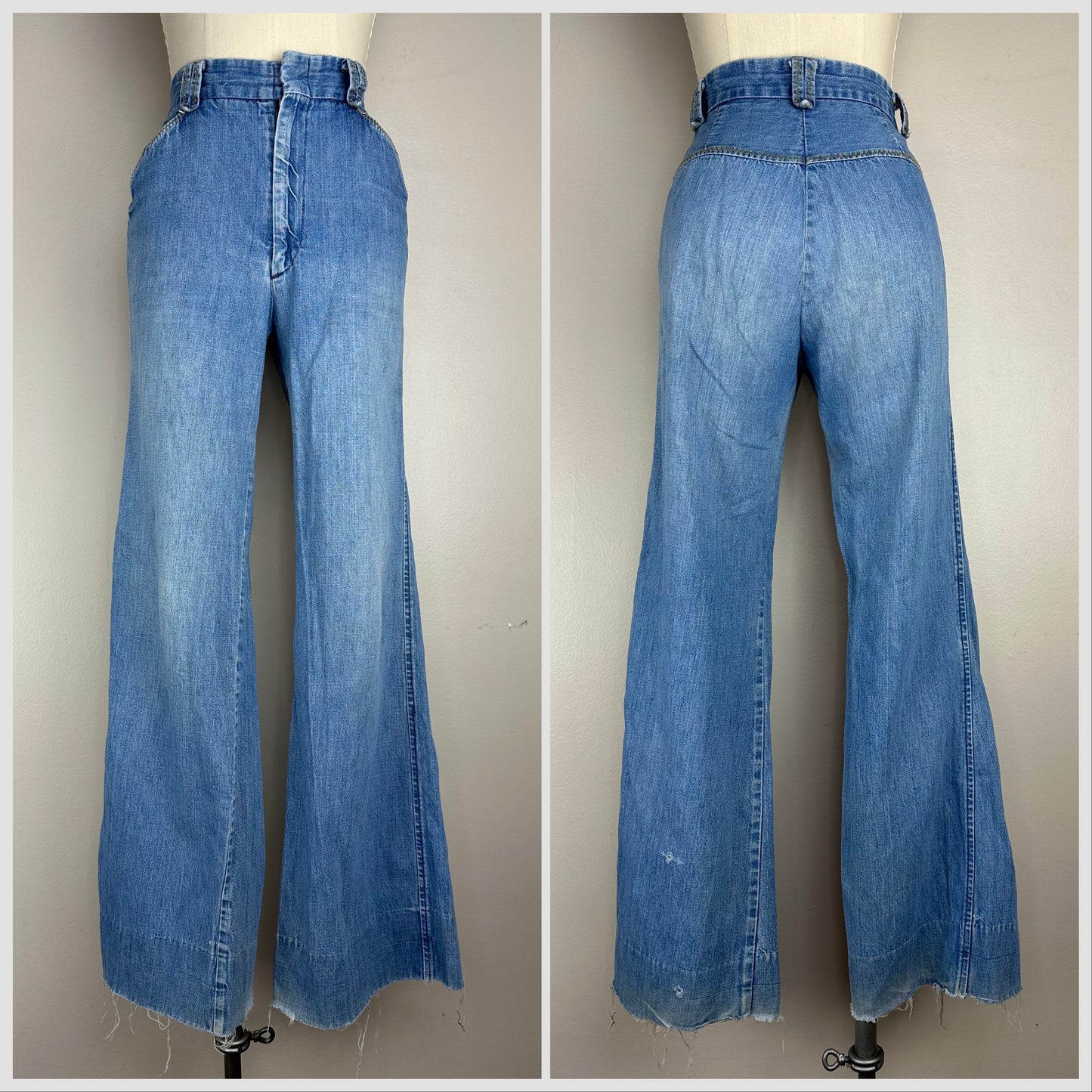 1970s Bell Bottom Blue Jeans, 27"x30.5", High Waisted, Raw Hem Denim