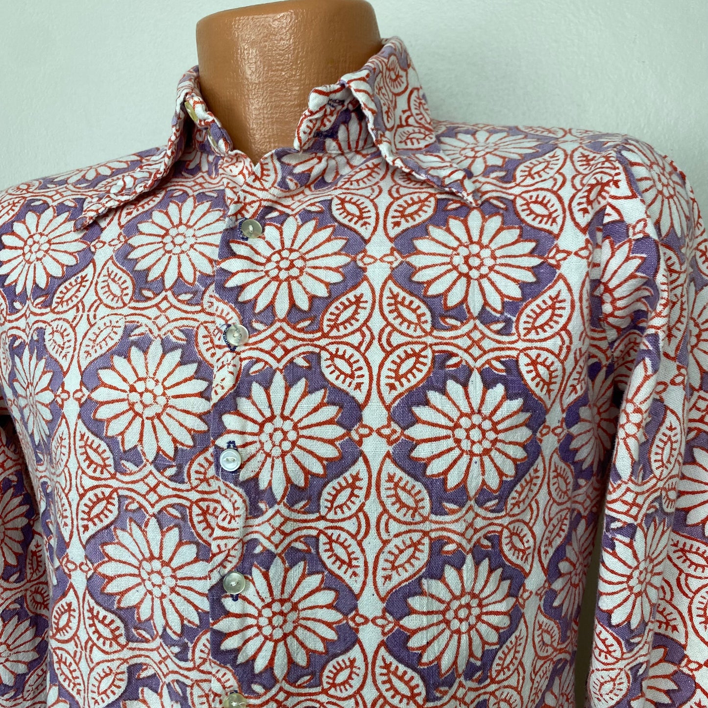 1960s/70s Hand Printed Floral Collared Shirt, Size S/M
