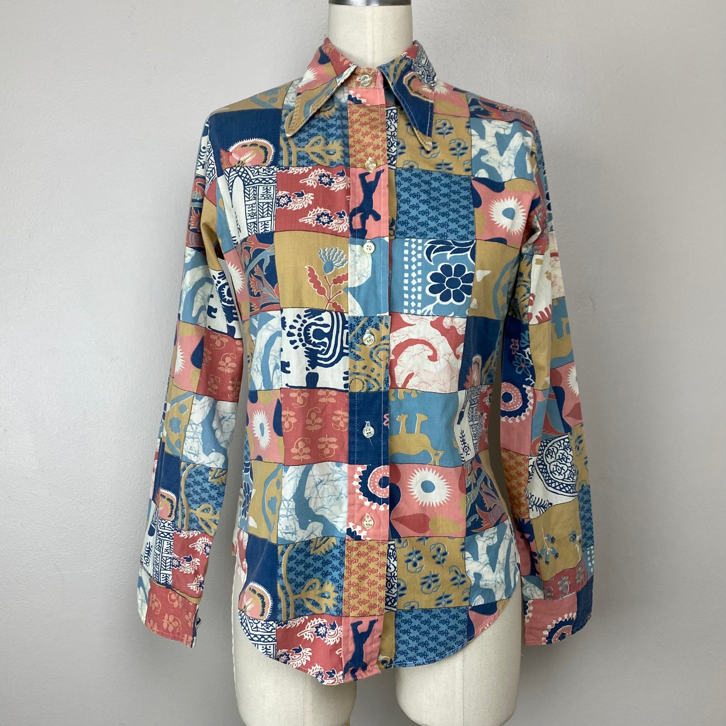 1970s Patchwork Print Blouse, Sears Jr Bazaar, Size XS/S