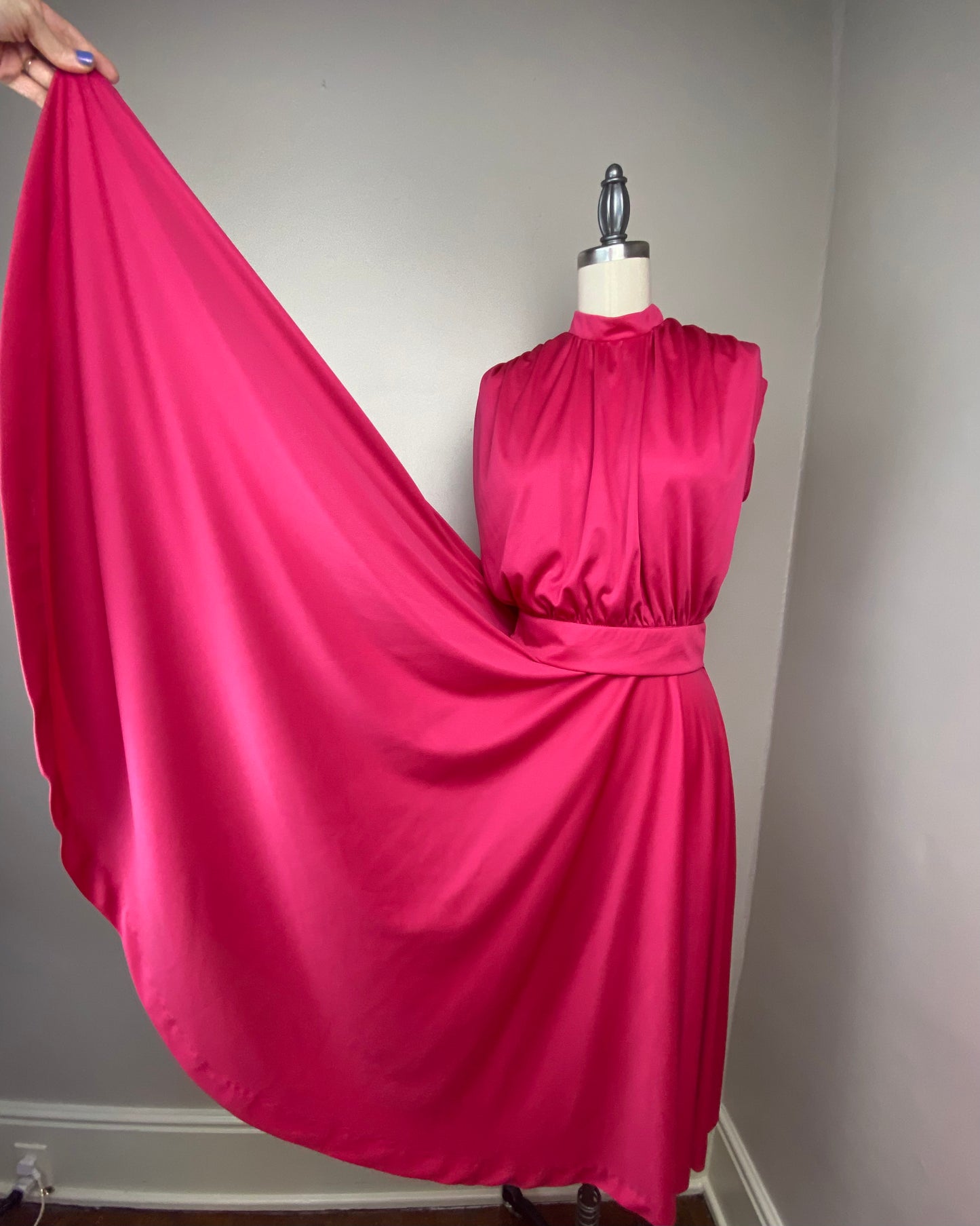 1970s Pink Disco Set, Size XS, Sleeveless Blouse and Midi Length Circle Skirt