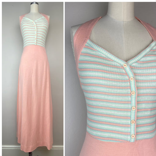 1970s Pink Knit Boho Maxi Dress, Joshua Tree, Size XS/S