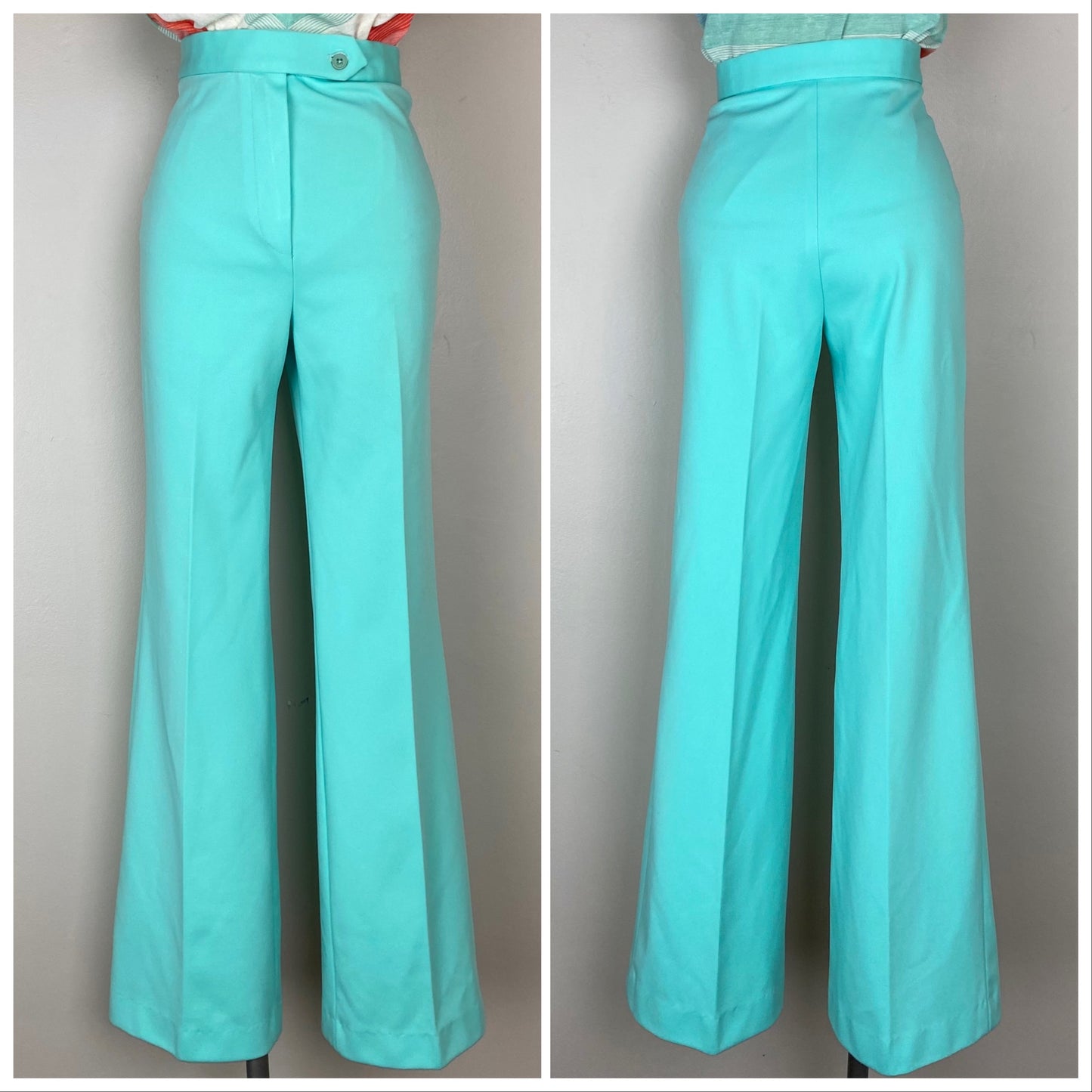 1970s High Waisted Bell Bottom Pants, Mint Green, Center Stage, Size Small, 25.5x33