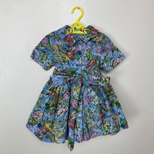 1950s Baby Dress, Size 6m, Blue Floral, Crinoline