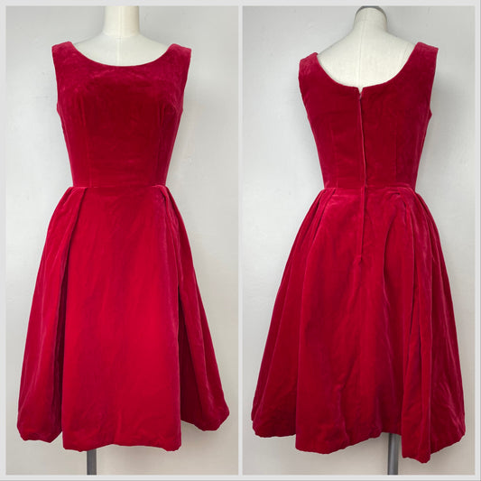1950s Red Velvet Dress, Size XS, Sleeveless